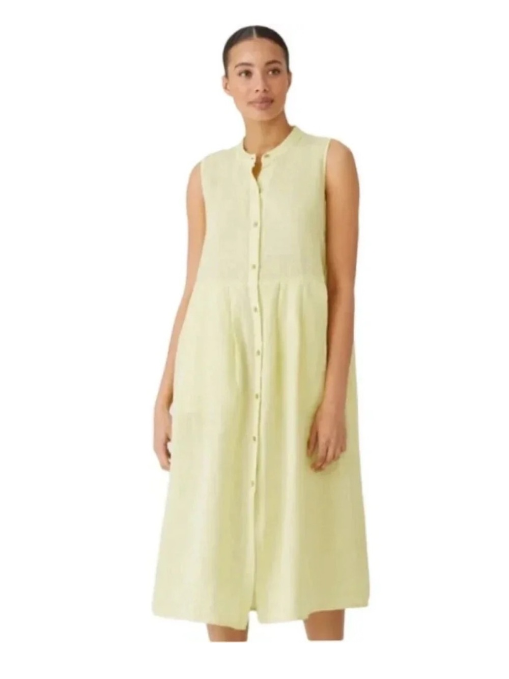 Eileen Fisher Linen Sleeveless Button Up Minimalist Midi Dress in Citron - M